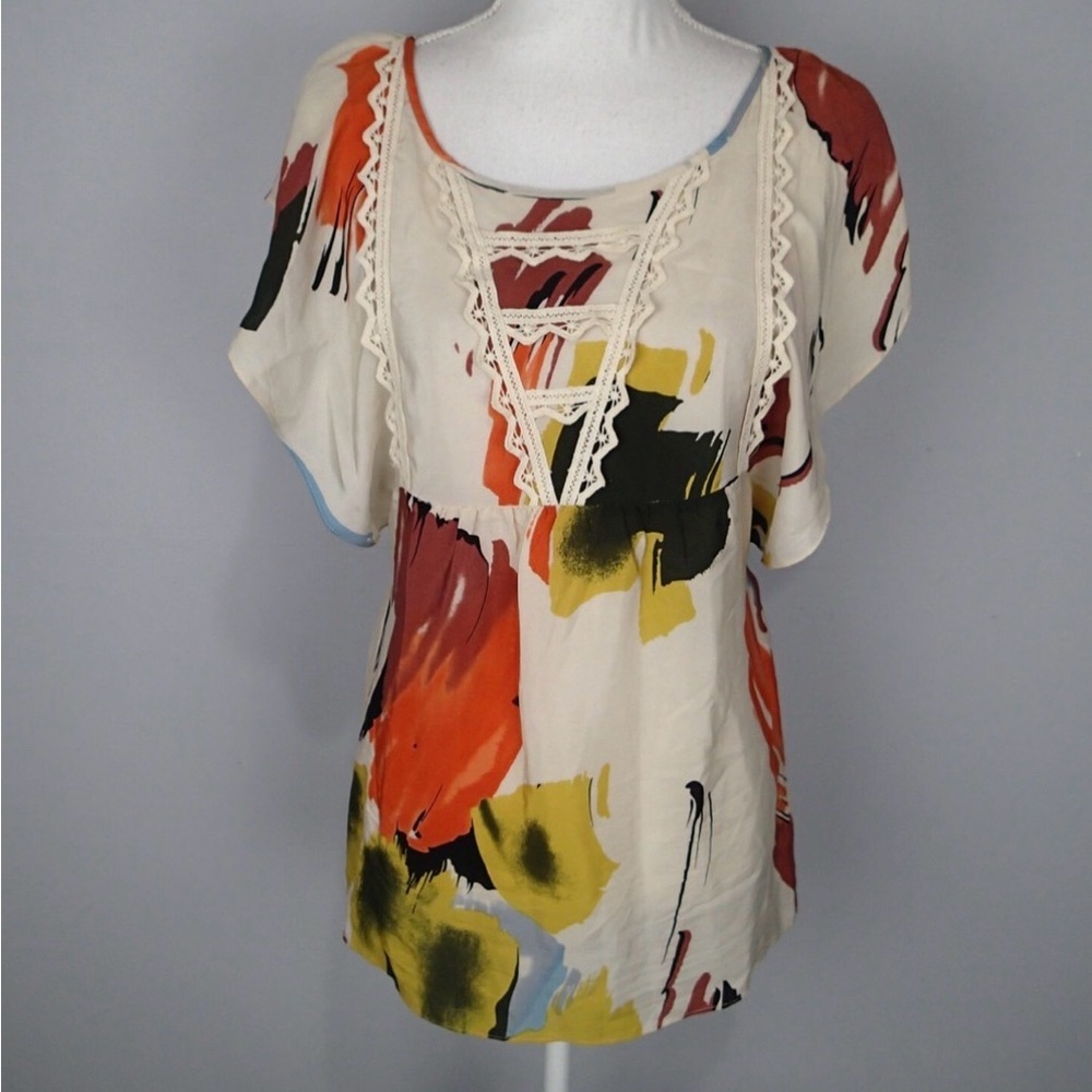 Anthropologie Edme & Esyllte 100% Silk Abstract Print Lace Trim Blouse Size 8